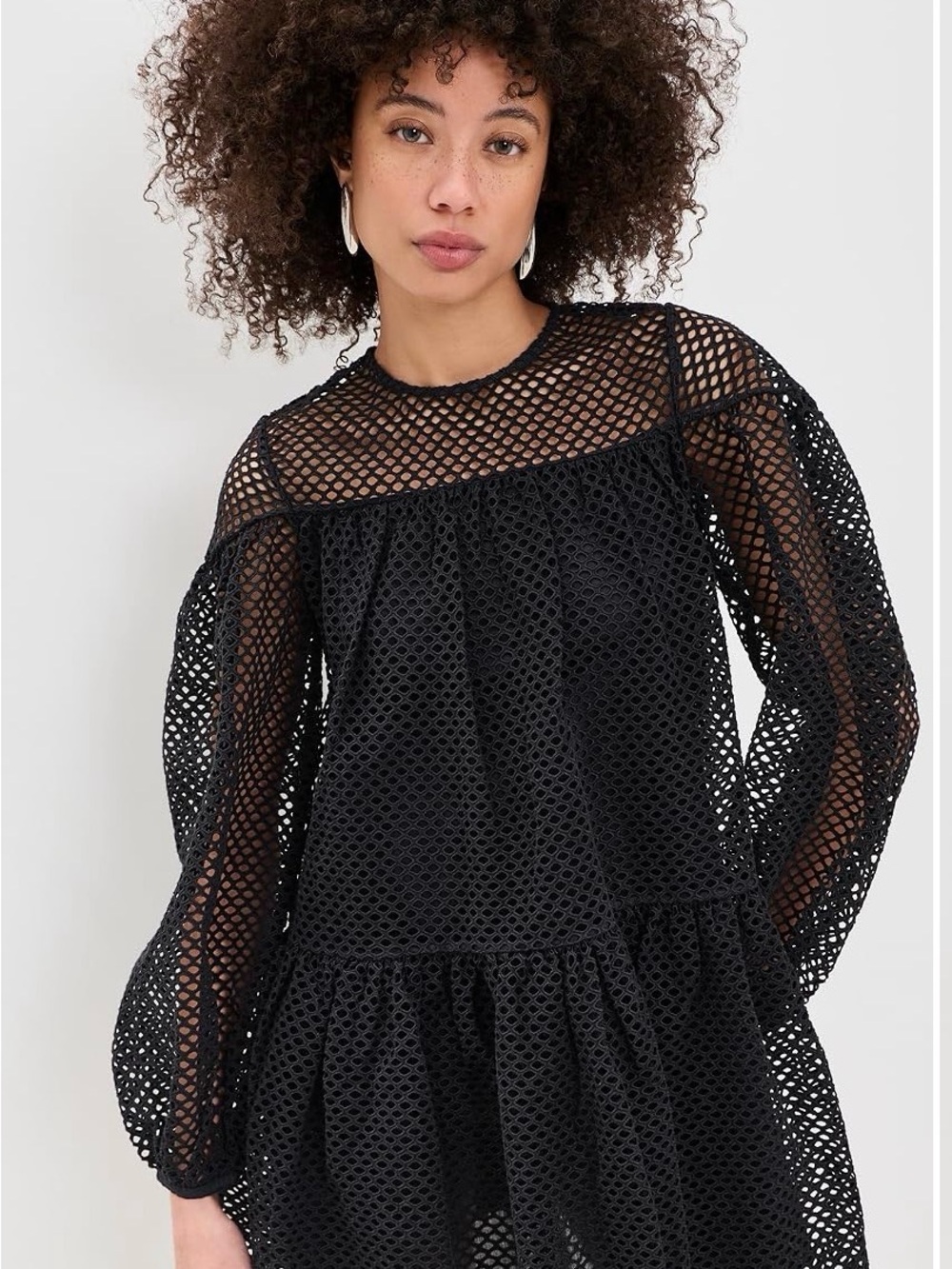 Ulla Johnson Black Long-Sleeve Mesh Tiered Dress